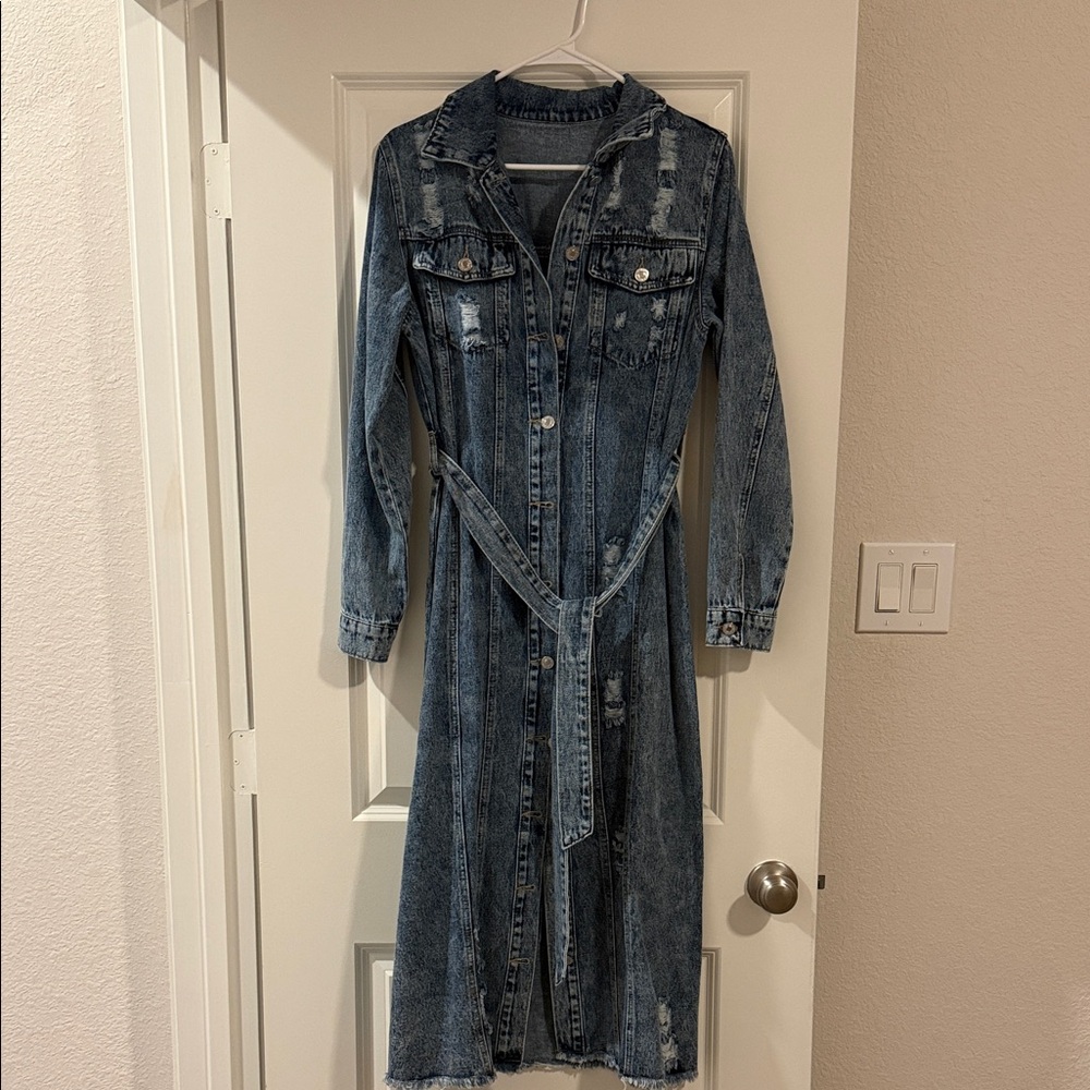 Distressed Denim Shirt Dress with Belt - Blue